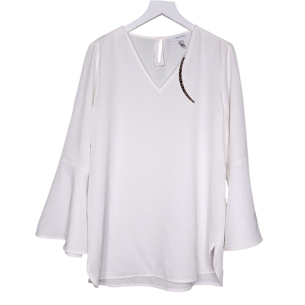 Calvin Klein White Long Sleeve Top Bell Sleeve Keyhole XS